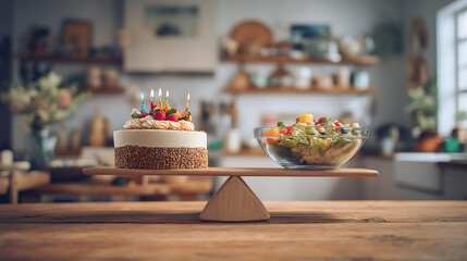 A wooden seesaw with one side showing a birthday cake and the other a glass bowl of salad balance beam on the table in kitchen room
