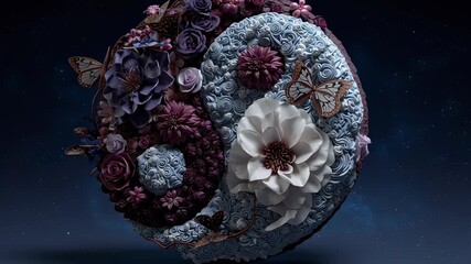 A large Yin and Yang symbol made of flowers and leaves. The floral sculpture is rotating slowly against a dark background. - Powered by Adobe