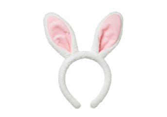 transparent plush bunny ear headband with soft pink inner ears, fluffy texture, isolated on a transparent studio background with copy space, concept of playful creativity