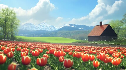 Dutch style tulip field with countryside path and barn high resolution picture