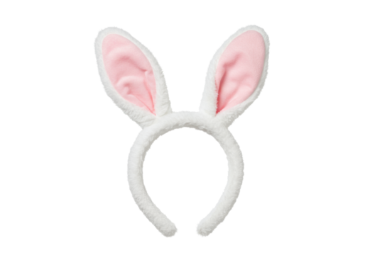 transparent plush bunny ear headband with soft pink inner ears, fluffy texture, isolated on a transparent studio background with copy space, concept of playful creativity