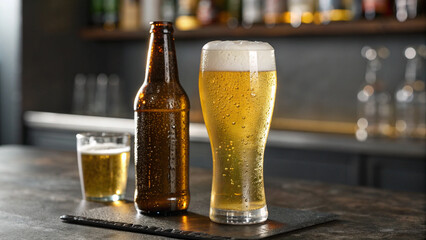 A frothy glass of golden craft beer next to its brown bottle, both covered in condensation, on a rustic bar top.