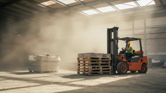 A worker in a dusty warehouse operates a forklift, carrying stacked pallets of building materials across a concrete floor under a high, skylight-lit ceiling