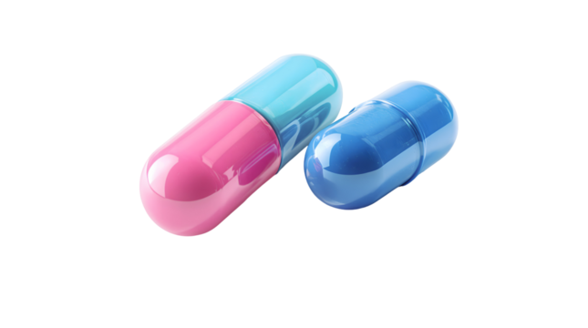Two pharmaceutical capsules, one pink and blue, the other blue, on a white background, representing medicine and health