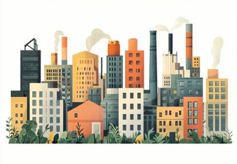 Industrial and nature themed  illustrations depicting factories and plants