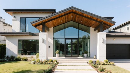 Fototapeta premium Modern Contemporary House with Large Glass Windows and Wooden Roof in Suburban Neighborhood