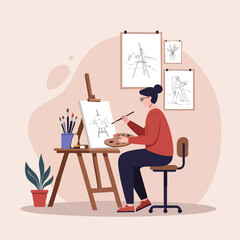 Artist painting a landscape on an easel in a creative studio environment, surrounded by art supplies and inspiration