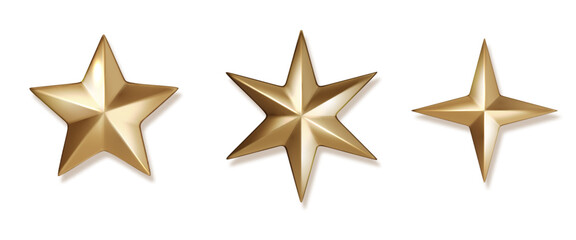 Realistic gold star vector icon. Metallic golden shape with light reflection, isolated. Xmas ornament, badge, or festive symbol PNG