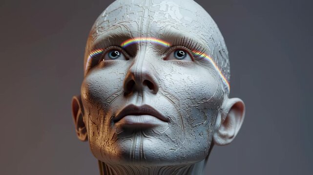 A close-up portrait of a futuristic female cyborg with a glowing line on her forehead. The human-like robot has creases on her pale face.