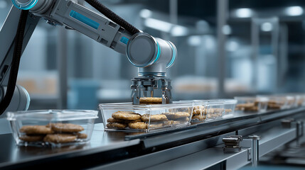 An robotic arm automation packing cookies into clear plastic containers on a conveyor belt in the modern food factory 
