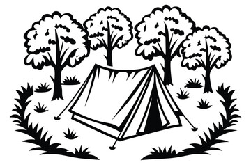 Camping Tent Under Trees with Birds in Black Silhouette and White Background