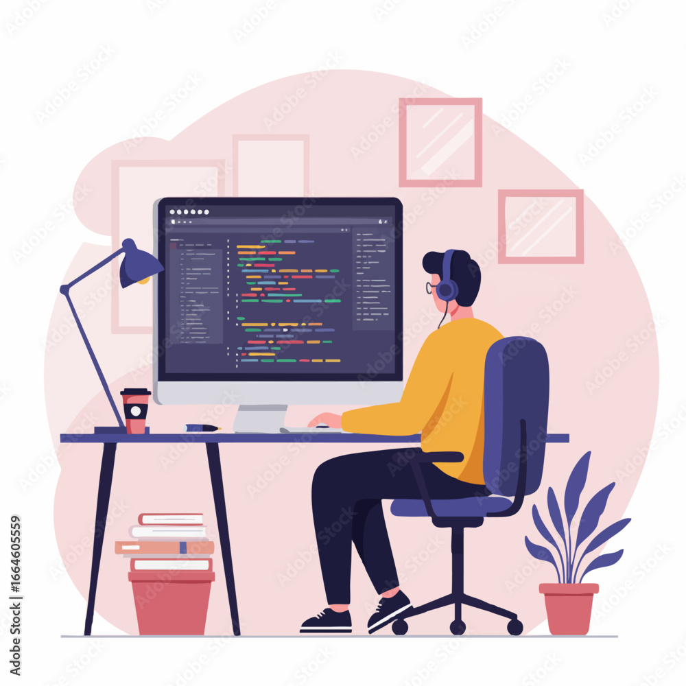 Wall mural a programmer sits at a desk, wearing headphones and coding on a computer with a bright screen displa