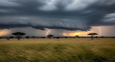 Fototapeta premium Dramatic thunderstorm with lightning strikes over the African savanna grassland.