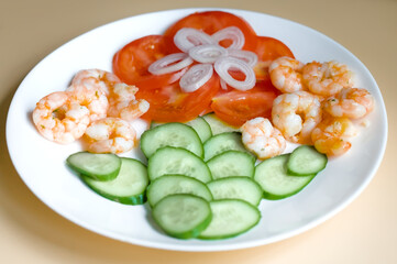 Close Up of Jumbo King Prawns Shrimp Seafood Crustaceans with Cucumber, Tomato, Shallots Food Art Decoration