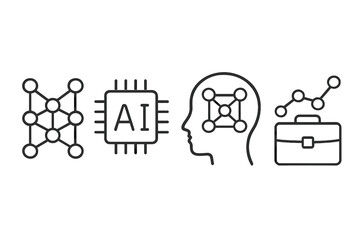 AI and machine learning line icon set. Artificial intelligence concepts for business. Neural network, ai chip, deep learning in human mind and data analytics for growth vector.