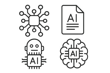 AI icons set for future technology. Artificial intelligence, machine learning, and deep learning concepts. Robot, brain, processor chip, neural network, and data file outline symbols.