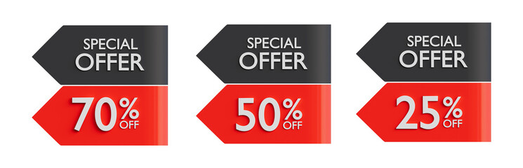 Special offer discount labels set – 70%, 50%, 25% off – red and black design