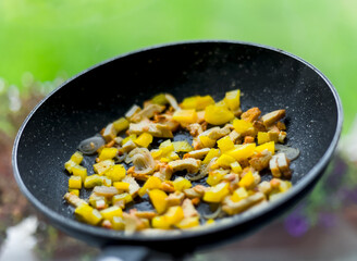 Sautéed Bell Pepper with Shallots and Tikka Breast Chicken Stripes in Frying Pan