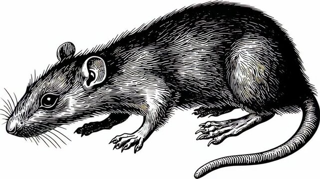 A detailed vintage engraving shows a wild rat with a long tail, standing and looking to the left, in a classic woodcut style.