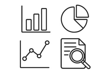 Analytics icon set for data analysis and reporting. Outline vector icons of bar chart, pie chart, line graph, and search document for business intelligence and statistics.