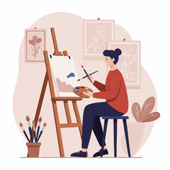 Fototapeta premium A Woman Artist Painting a Landscape on an Easel in a Brightly Lit Studio, Surrounded by Art Supplies