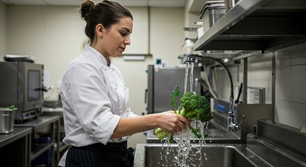 A chef washes broccoli in a stainless steel sink in a commercial kitchen