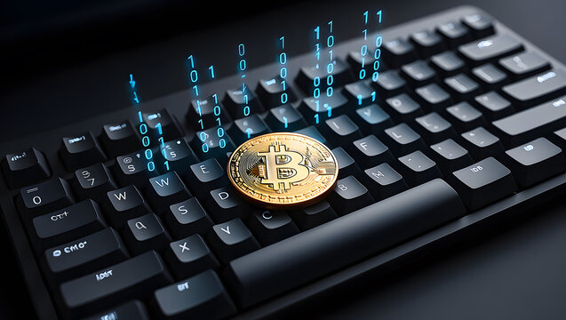 Bitcoin cryptocurrency on keyboard with binary code overlay