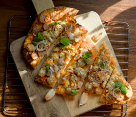 Rustic Gourmet Pizza Naan Bread Slices with Garlic, Shallots, Italian Homemade Food