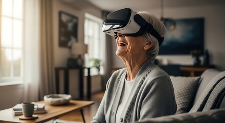 Elderly woman laughing wearing a virtual reality headset in a bright living room setting indoors