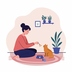 Obraz premium A caring young woman lovingly plays with her ginger cat in a cozy home setting, enjoying a moment of companionship and pet bonding