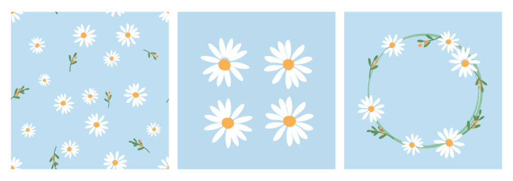 Seamless pattern with daisy flower and green branch on blue background. Daisy icon set and daisy floral wreath vector. - Powered by Adobe