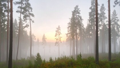 morning mist in the lust pine forest