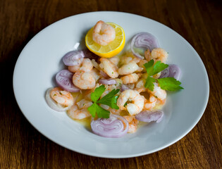 Close up of Shrimp with Shallots, Garlic Butter and Lemon, Healthy Seafood Appetizer