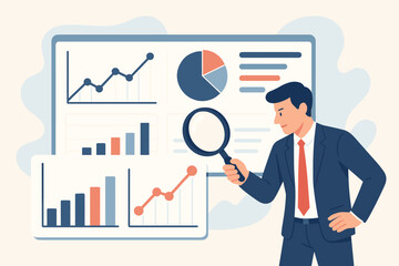 Data analysis concept. Businessman with magnifying glass reviews financial report on dashboard with charts. Business intelligence, market research, audit, and SEO optimization.