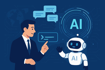 AI technology concept. Businessman chatting with robot assistant. Man using command prompt. Virtual graphic. Global internet connection. Artificial intelligence. Futuristic chatbot.