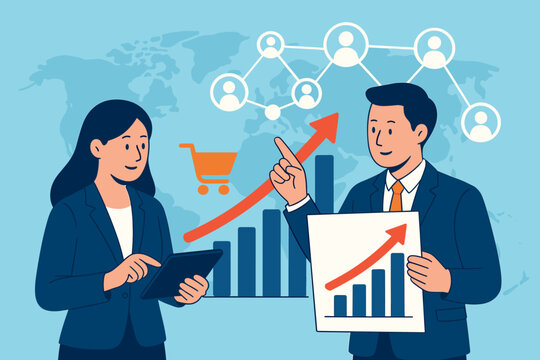 Business people analyzing e-commerce global market growth. Man and woman with tablet and chart showing statistics, customer network connection, and financial success vector.