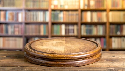 Obraz premium A circular wooden surface, nestled on a rustic wooden table, evokes a library setting with numerous books lining the backdrop.