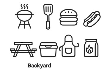 Backyard BBQ party icon set. Barbecue grill, burger, hot dog, picnic table, cooler outline icons. Summer cookout and grilling food vector symbol collection for design.
