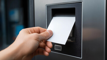 A hand taking receipt from ATM machine after withdrawal money. Finance, Money, Bank and people concept
