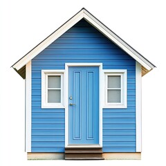 Fototapeta premium Small, bright blue house with white trim and windows