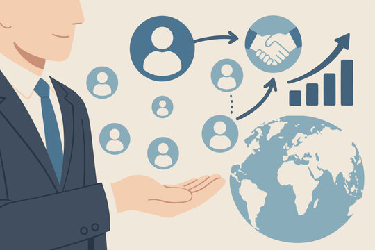 Businessman managing customer retention network for business growth. Concept of acquiring new clients, partnership, and global expansion. CRM strategy vector illustration.