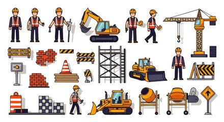 Construction worker with safety vest, excavator, bulldozer, crane, concrete mixer, bricks, scaffolding, cones and warning signs