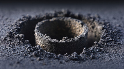 Close up macro view of asphalt core sample showing cylindrical cut and rough textured edges for material testing
