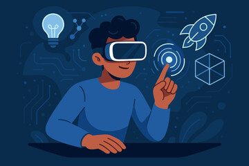 Man in VR headset explores the metaverse. Interacting with futuristic digital interface for business, innovation, and startups. Concept of virtual reality technology.
