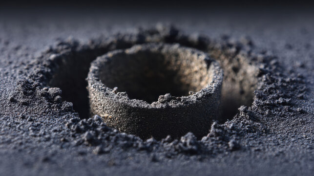 Close up macro view of asphalt core sample showing cylindrical cut and rough textured edges for material testing - Powered by Adobe