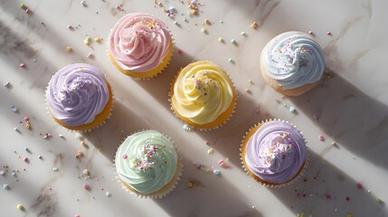 Colorful cupcakes with swirled frosting on marble background  