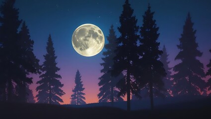 Fototapeta premium Full Moon over Pine Forest Night Sky, Cinematic Dreamy Landscape with Glowing Moonlight