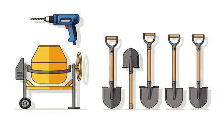Construction Tools Set Cement Mixer, Drill, and Shovels for Building and Repair