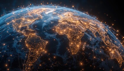 Global network connections visualizing worldwide digital communication and modern technology, showing connected continents and data streams, perfect for business and innovation