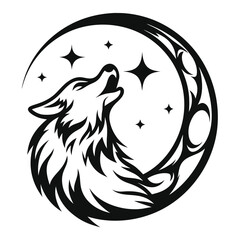 Black Howling Wolf with Moon and Stars on White Background, Design